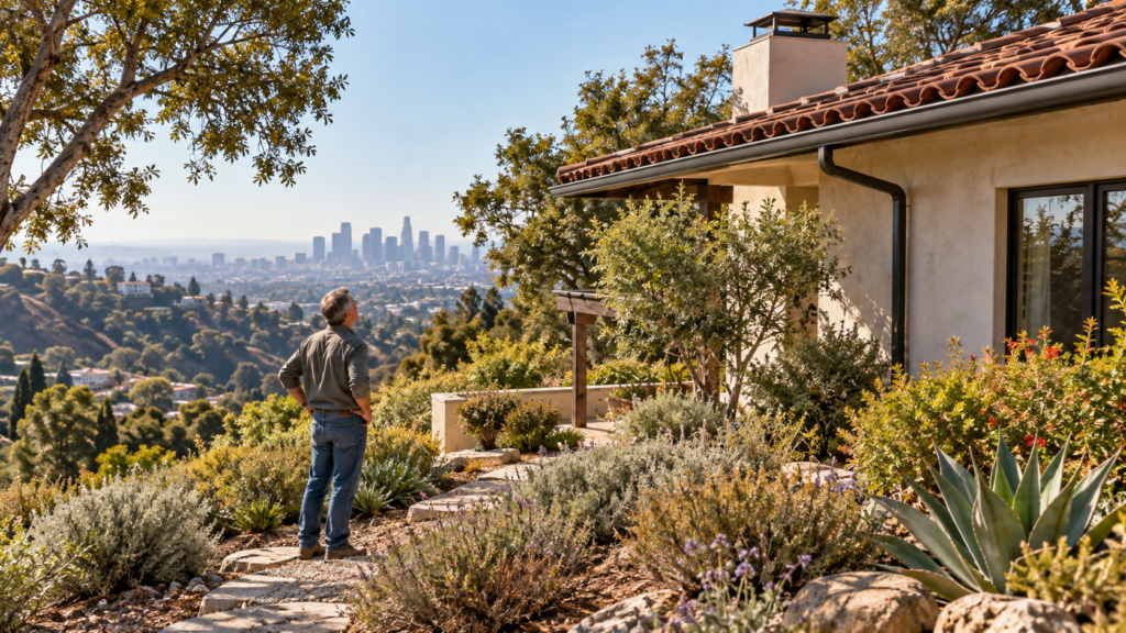 Los Angeles brush clearance: homeowner checking defensible space and vegetation around a hillside house