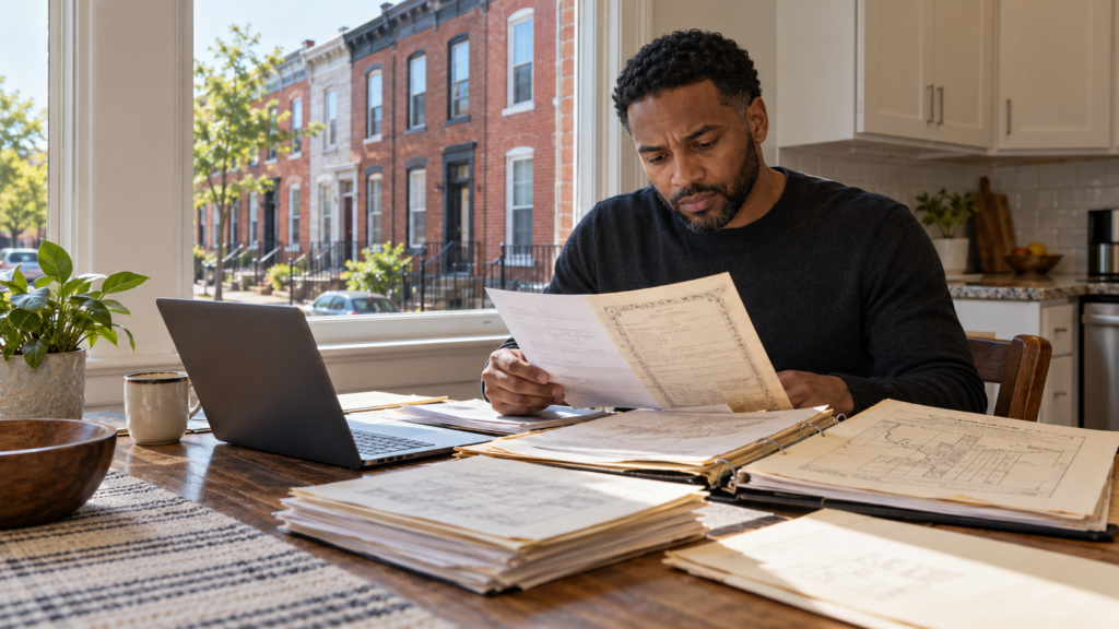 Baltimore ground rent: investor reviewing deed records at a rowhouse