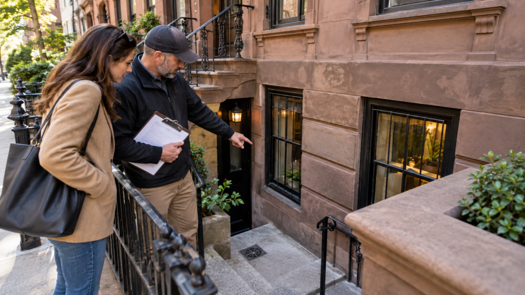 NYC basement apartments: buyer and inspector reviewing a Brooklyn brownstone basement entrance