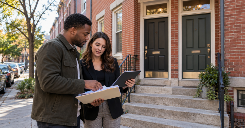 Philadelphia rental license: investor reviewing duplex property records outside a brick rowhouse