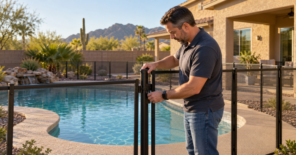 Phoenix rental pool barriers: property inspector checking a self-closing pool gate at a rental home